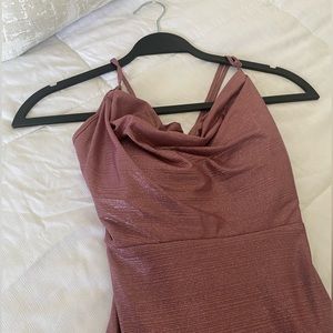 Metallic cowl neck crossing spaghetti strap dress